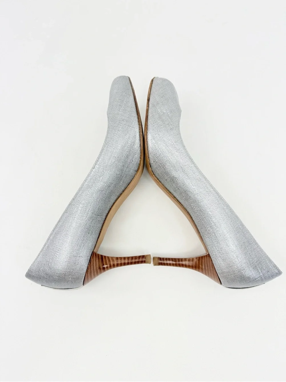 Stuart Weitzman Metallic Pewter Silver Peep Toe Wood Heel Pumps